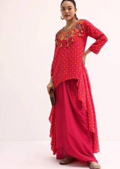 Red Embroidered Cotton Kurta Dhoti