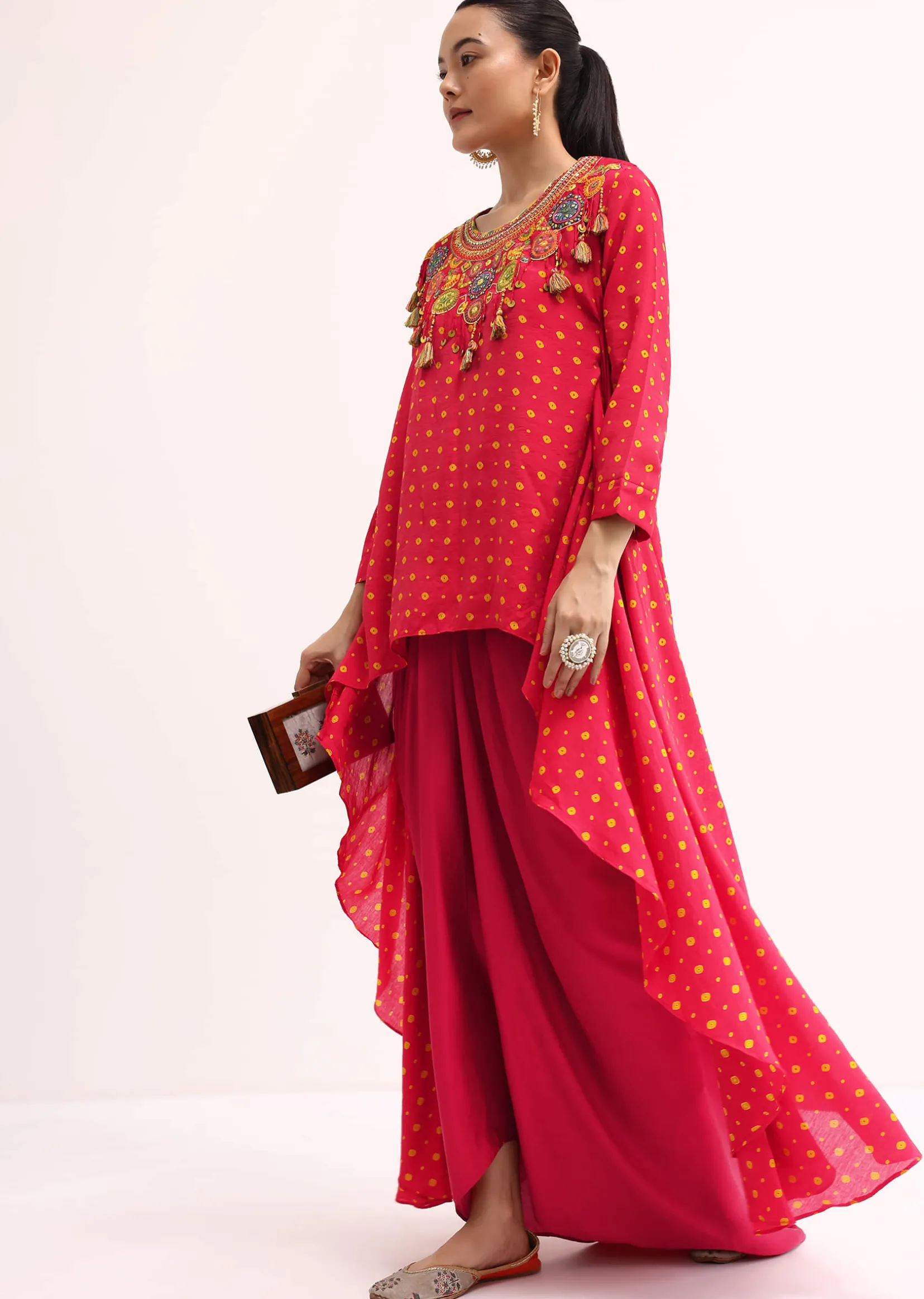 Red Embroidered Cotton Kurta Dhoti