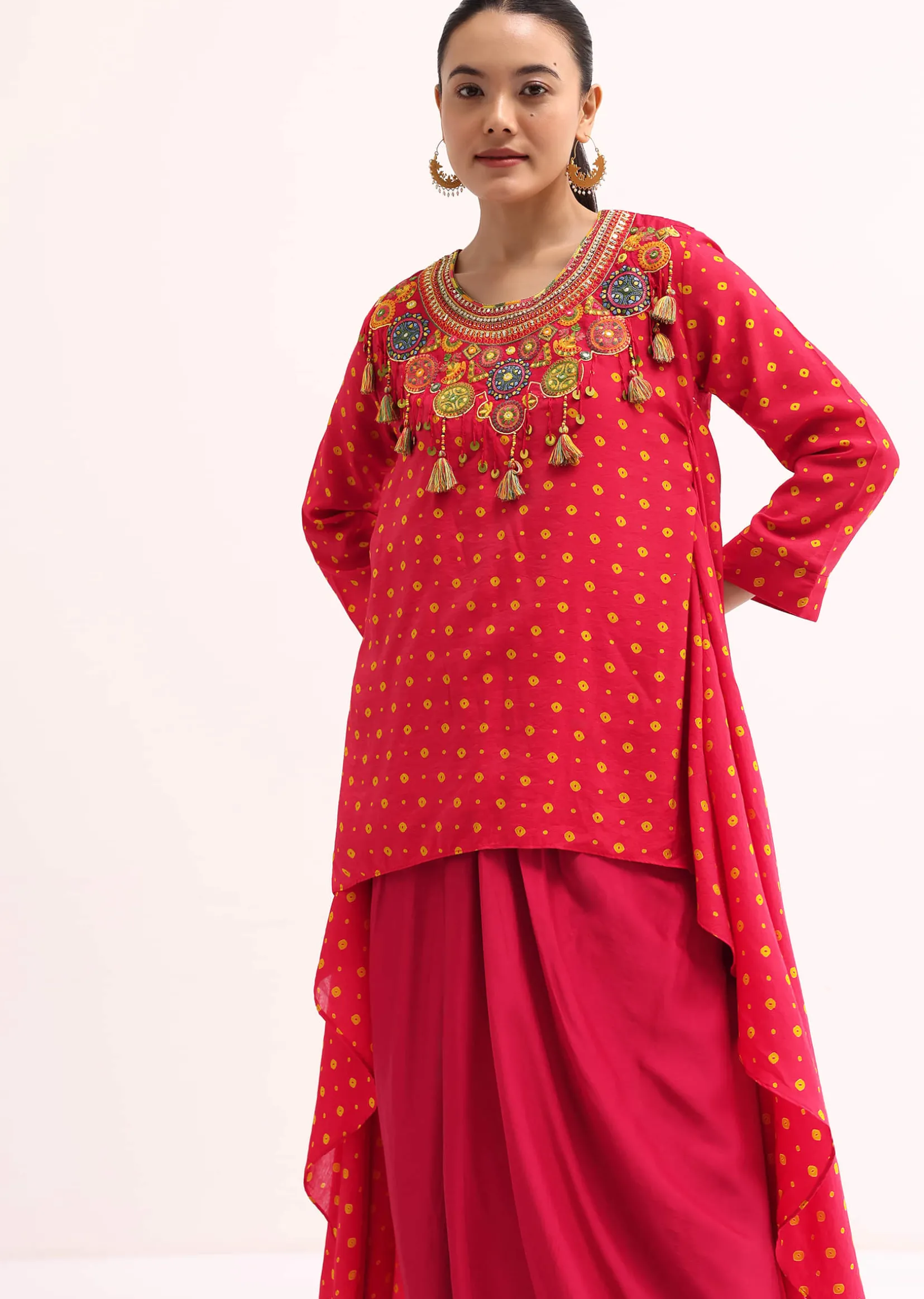 Red Embroidered Cotton Kurta Dhoti