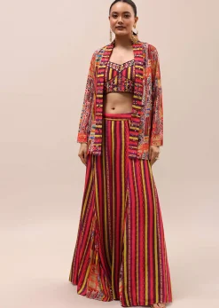 Red Embroidered Crepe Crop Top And Palazzo Set