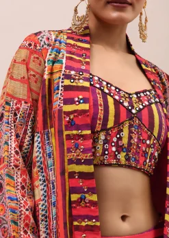 Red Embroidered Crepe Crop Top And Palazzo Set