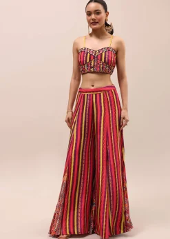 Red Embroidered Crepe Crop Top And Palazzo Set