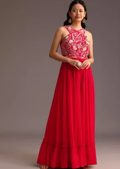 Red Embroidered Jumpsuit With Belt
