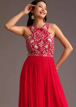 Red Embroidered Jumpsuit With Belt