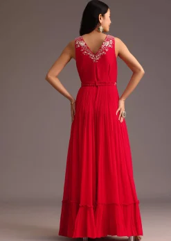 Red Embroidered Jumpsuit With Belt