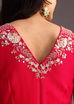 Red Embroidered Jumpsuit With Belt