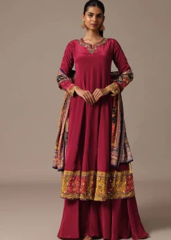 Red Embroidered Kurta Palazzo Set With Mirror Work Dupatta