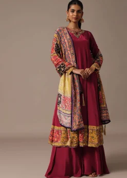 Red Embroidered Kurta Palazzo Set With Mirror Work Dupatta