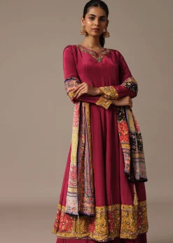 Red Embroidered Kurta Palazzo Set With Mirror Work Dupatta