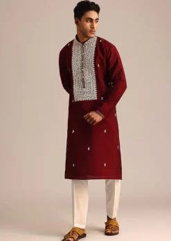 Red Embroidered Kurta Set In Silk