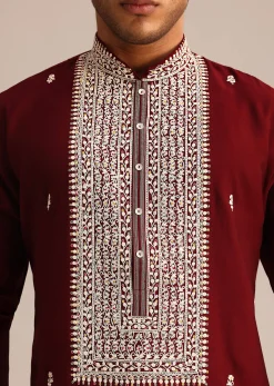 Red Embroidered Kurta Set In Silk