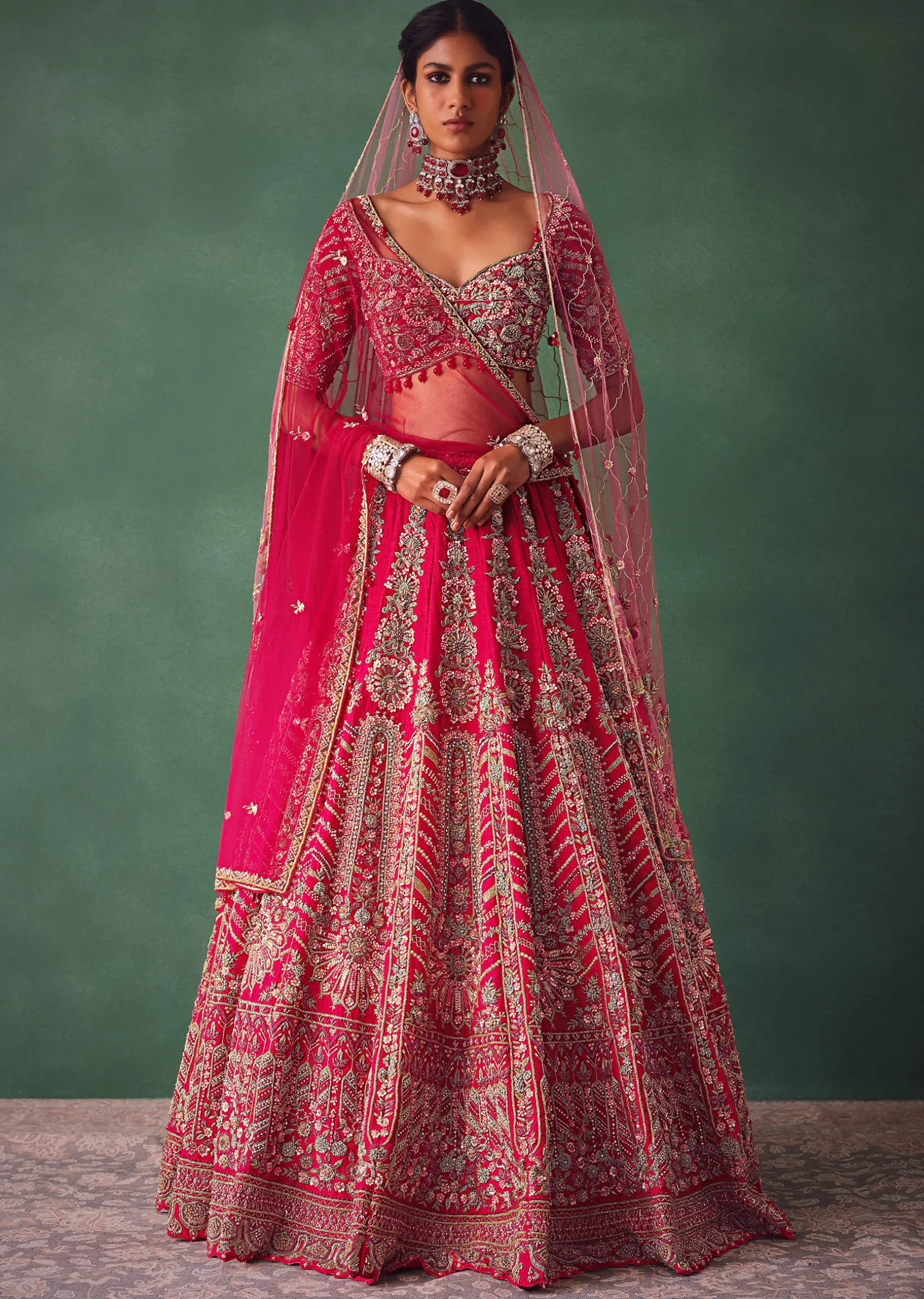 Red Embroidered Lehenga Set With Two Dupattas