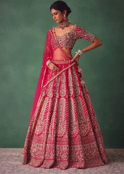 Red Embroidered Lehenga Set With Two Dupattas