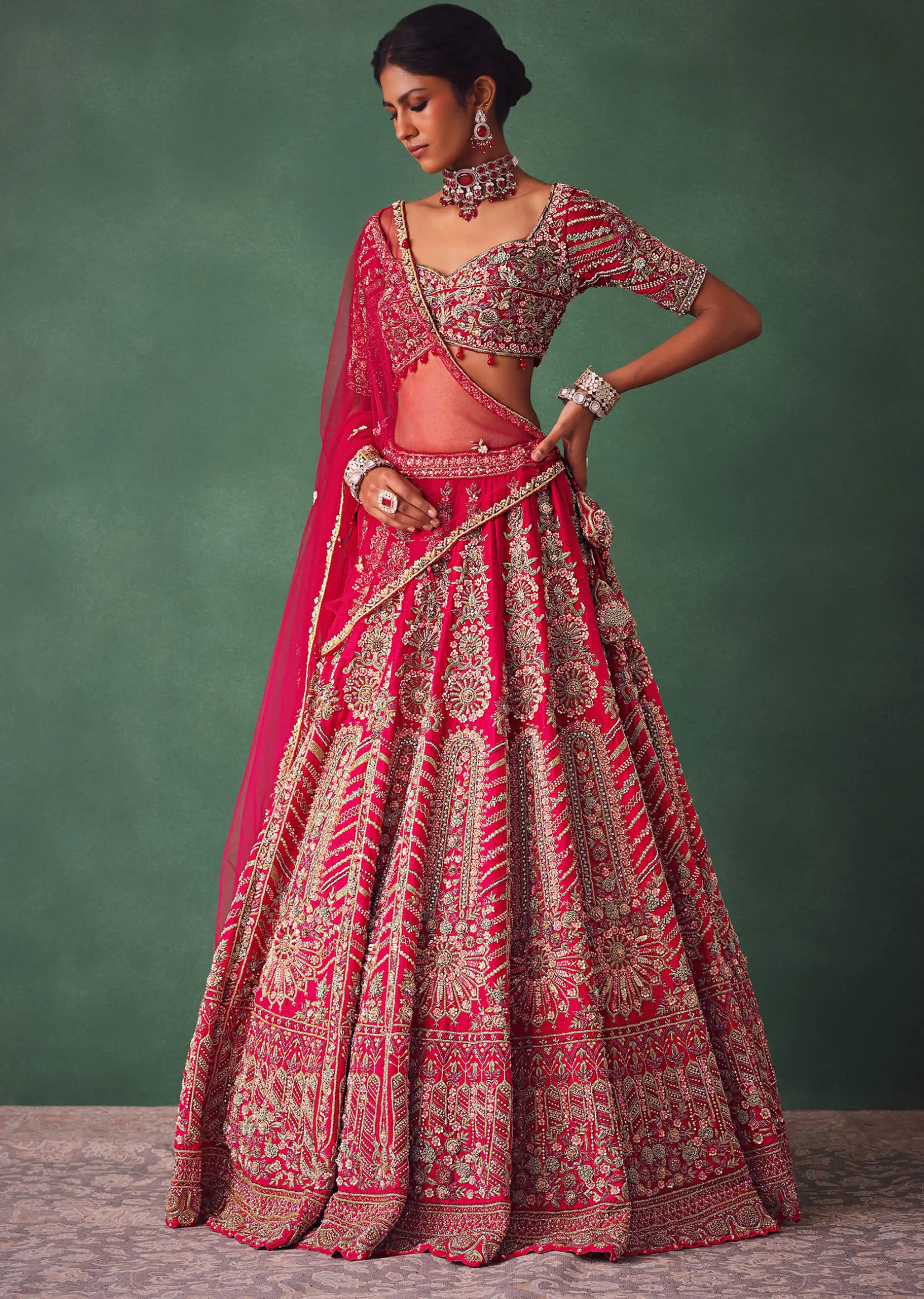Red Embroidered Lehenga Set With Two Dupattas