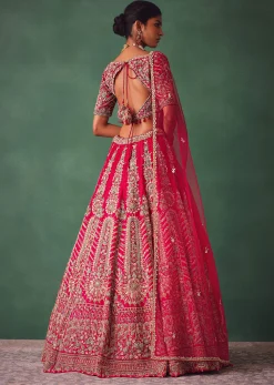 Red Embroidered Lehenga Set With Two Dupattas