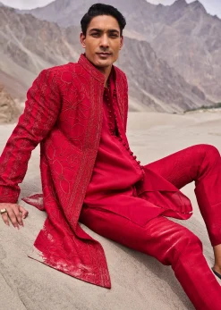 Red Embroidered Long Sherwani Suit With Dupatta