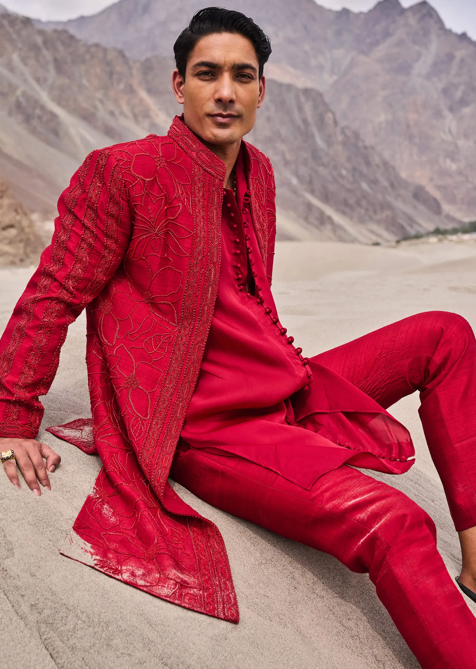Red Embroidered Long Sherwani Suit With Dupatta