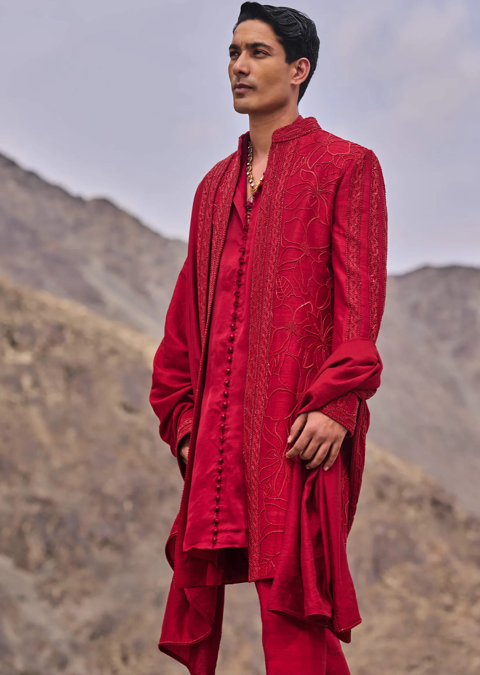 Red Embroidered Long Sherwani Suit With Dupatta