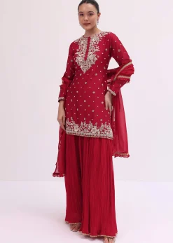 Red Embroidered Silk Kurta Palazzo Set