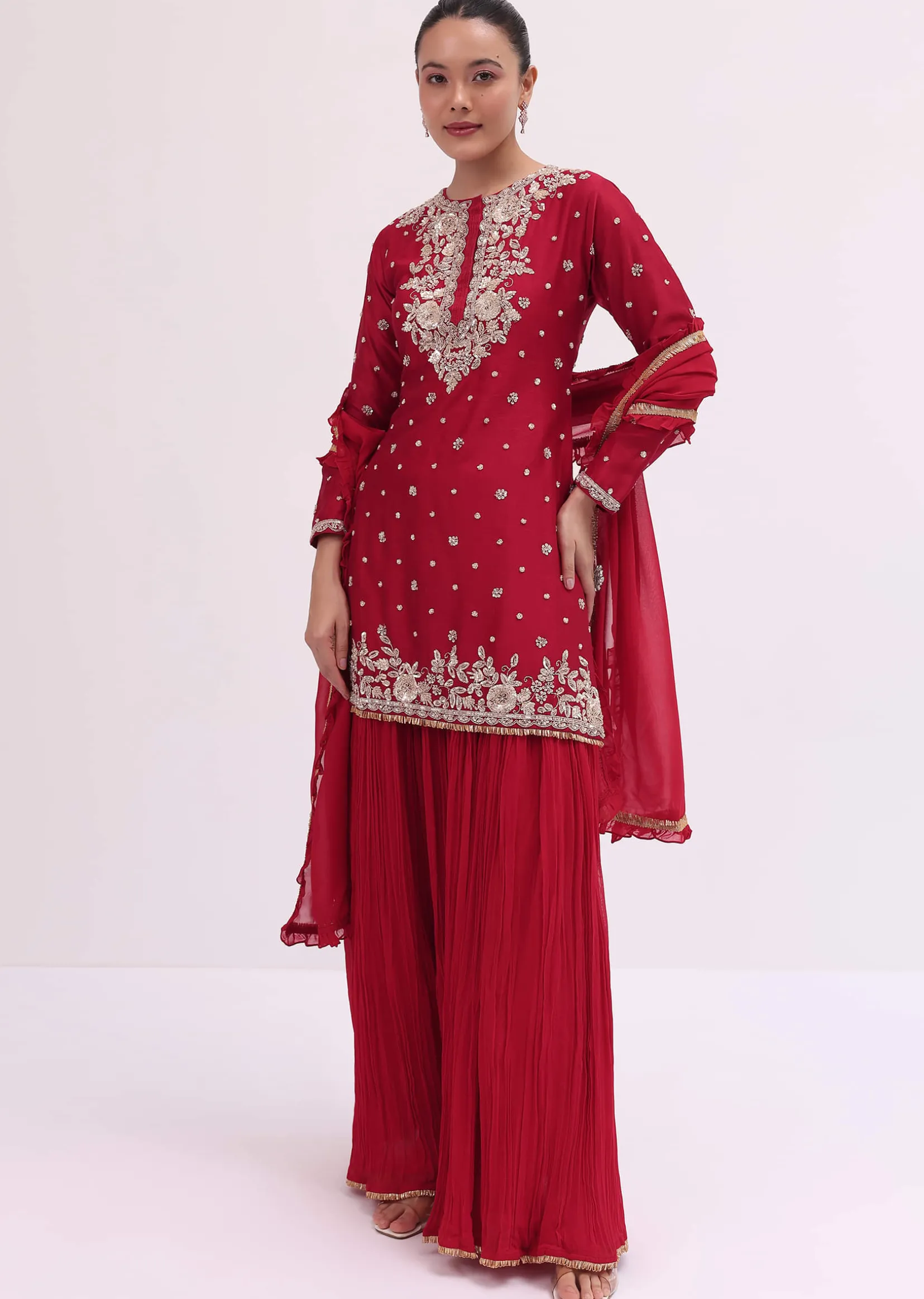 Red Embroidered Silk Kurta Palazzo Set