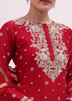 Red Embroidered Silk Kurta Palazzo Set