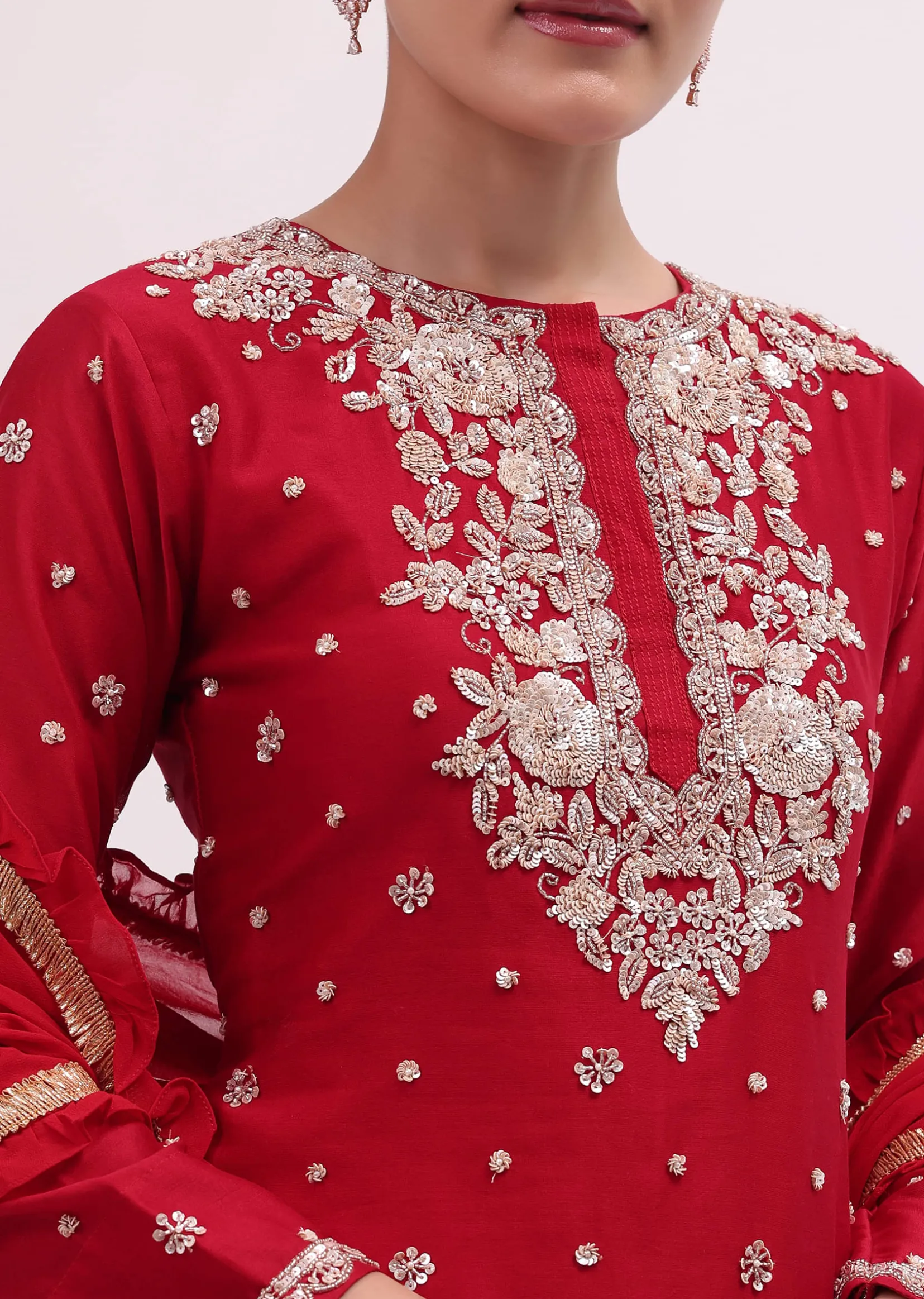 Red Embroidered Silk Kurta Palazzo Set