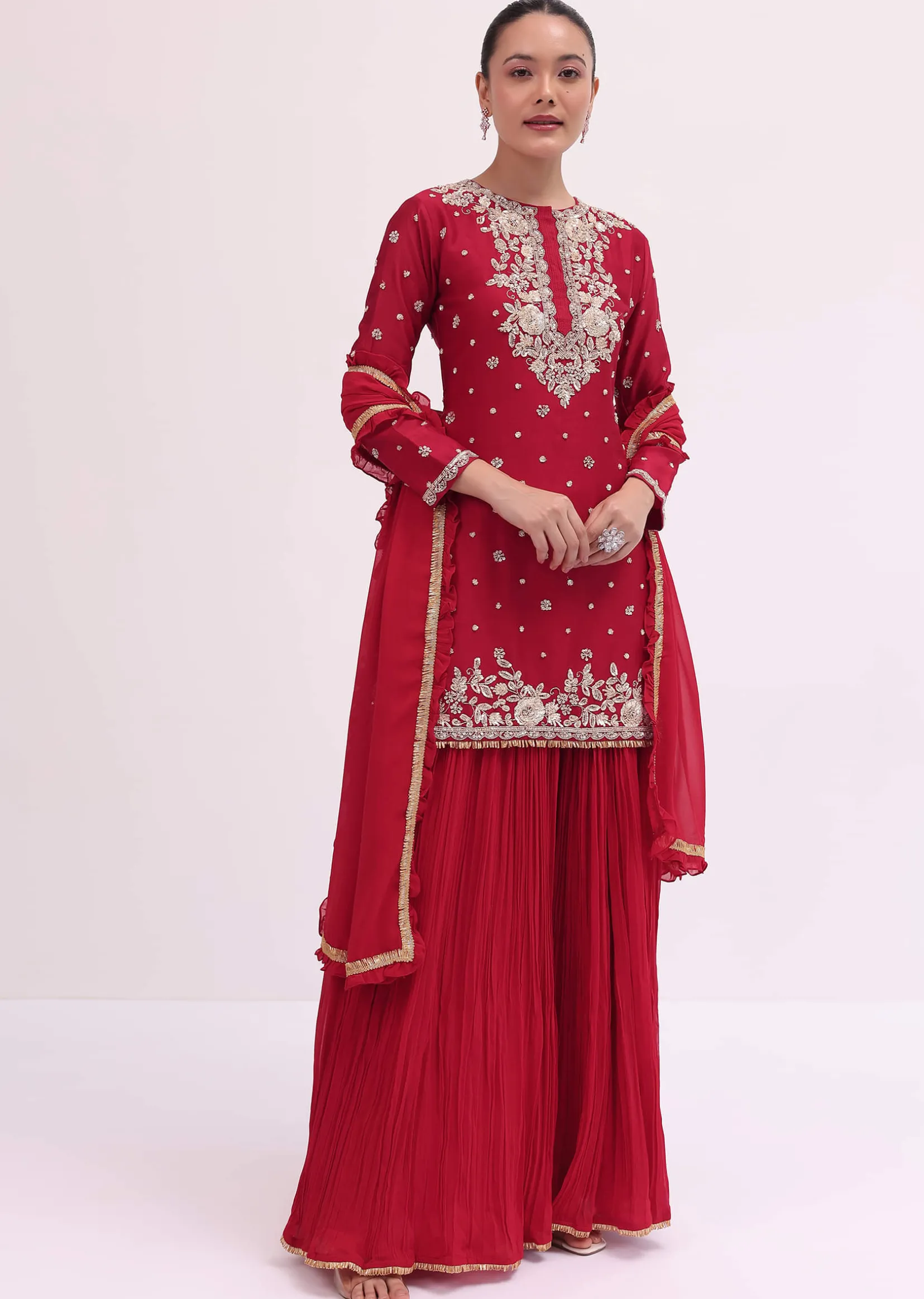 Red Embroidered Silk Kurta Palazzo Set