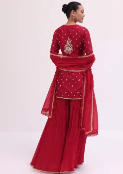 Red Embroidered Silk Kurta Palazzo Set