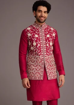 Red Floral Embroidered Jacket Kurta Set