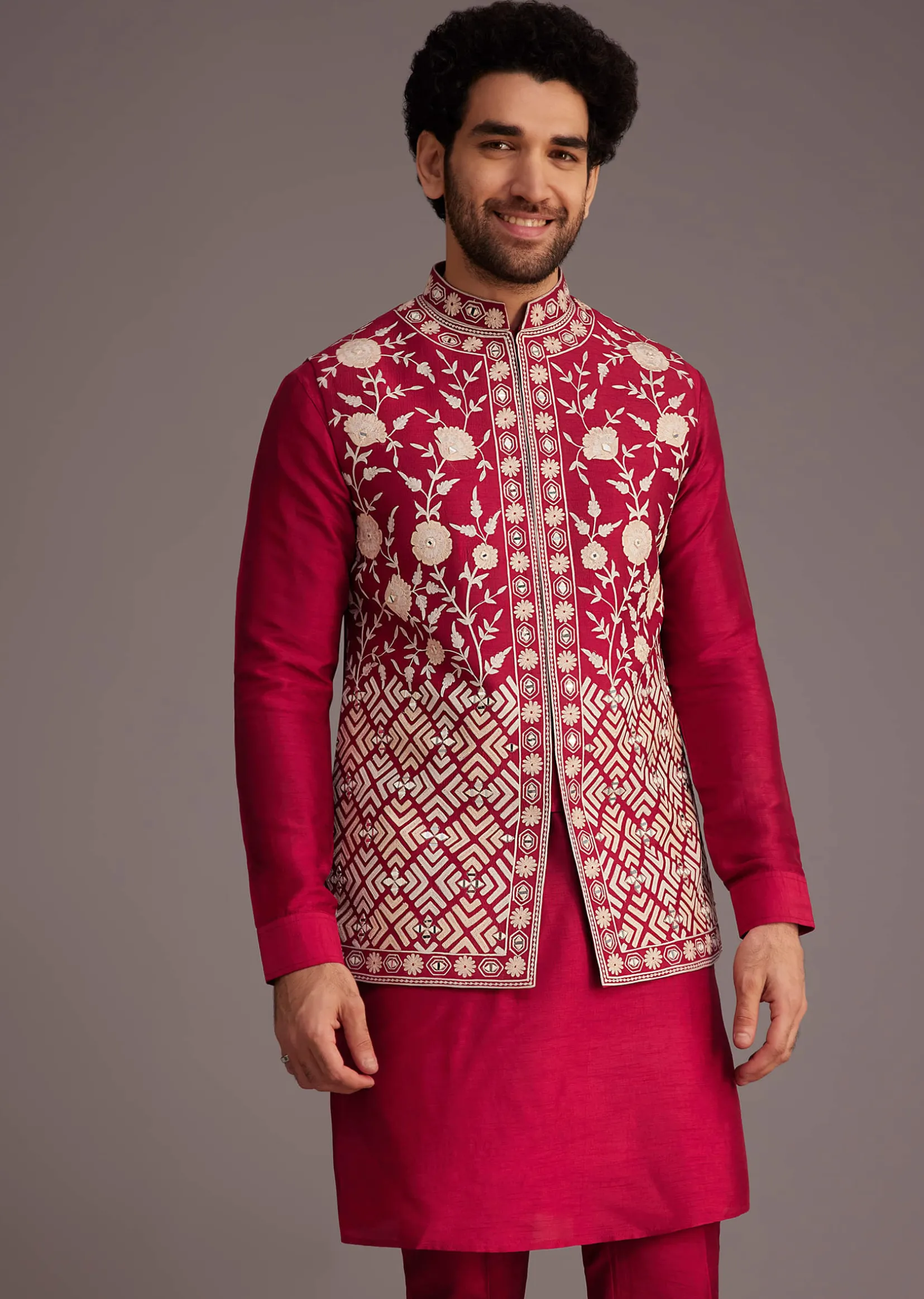 Red Floral Embroidered Jacket Kurta Set