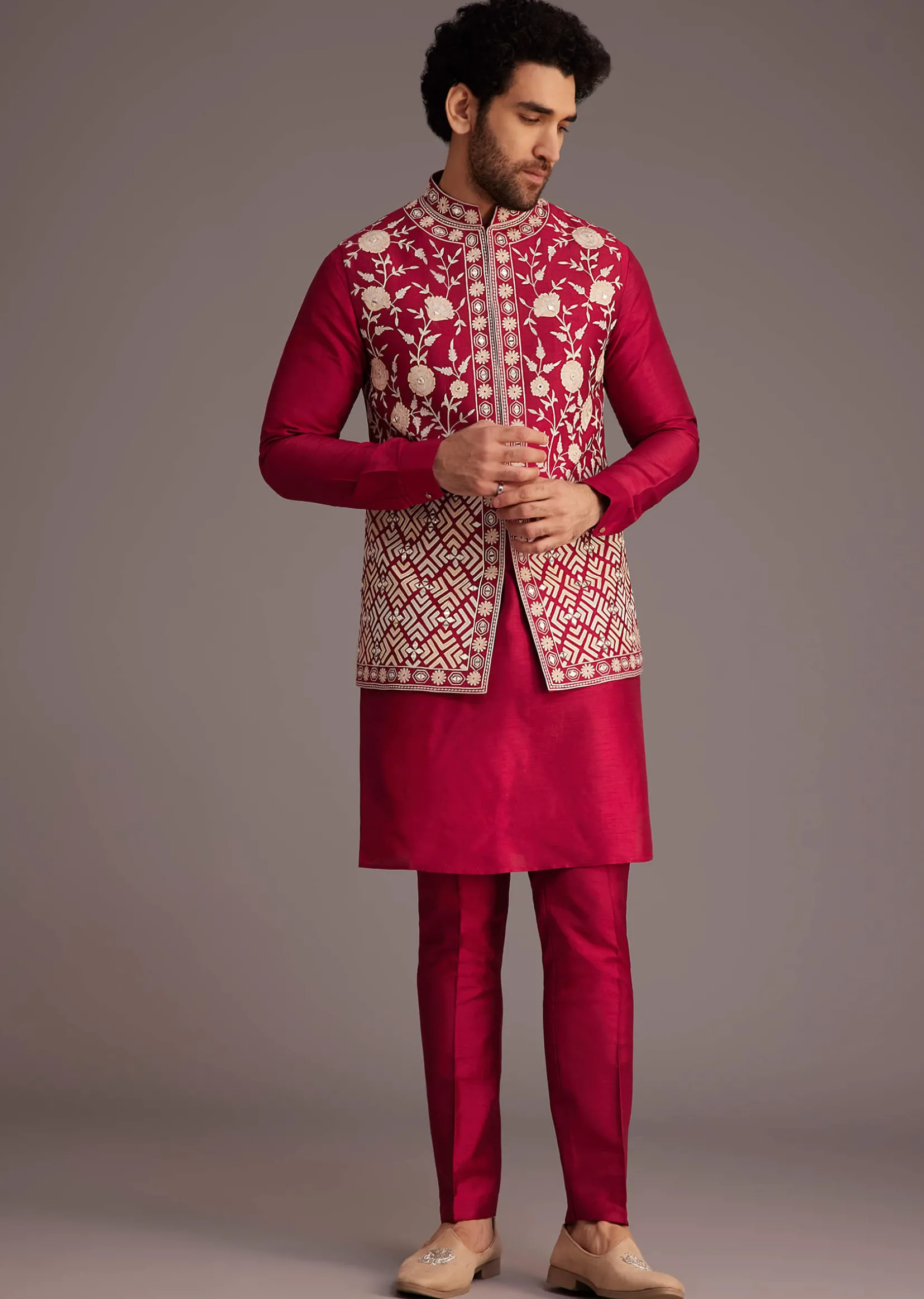 Red Floral Embroidered Jacket Kurta Set