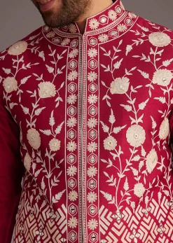 Red Floral Embroidered Jacket Kurta Set