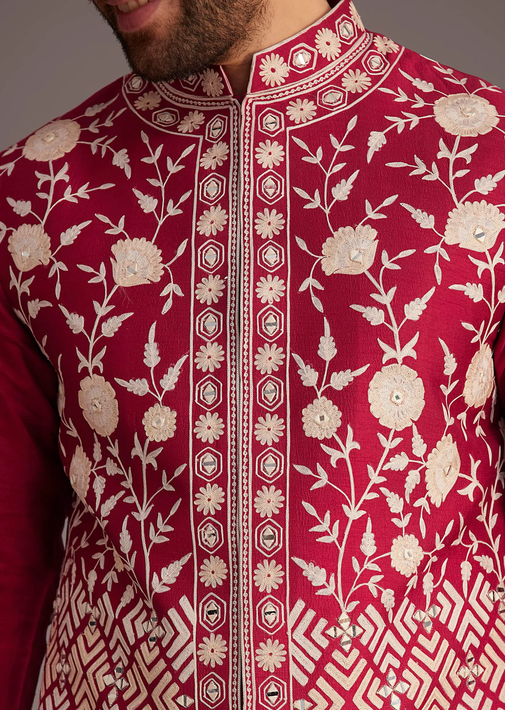 Red Floral Embroidered Jacket Kurta Set