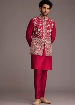 Red Floral Embroidered Jacket Kurta Set