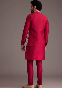 Red Floral Embroidered Jacket Kurta Set