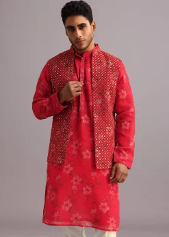 Red Floral Print Jacket Kurta Set In Georgette