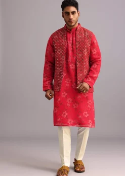 Red Floral Print Jacket Kurta Set In Georgette