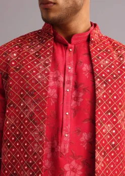 Red Floral Print Jacket Kurta Set In Georgette