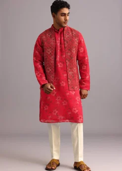 Red Floral Print Jacket Kurta Set In Georgette