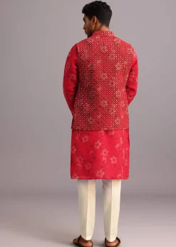 Red Floral Print Jacket Kurta Set In Georgette