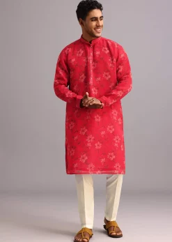 Red Floral Print Jacket Kurta Set In Georgette