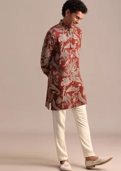Red Floral Printed Kurta For Men