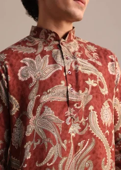 Red Floral Printed Kurta For Men