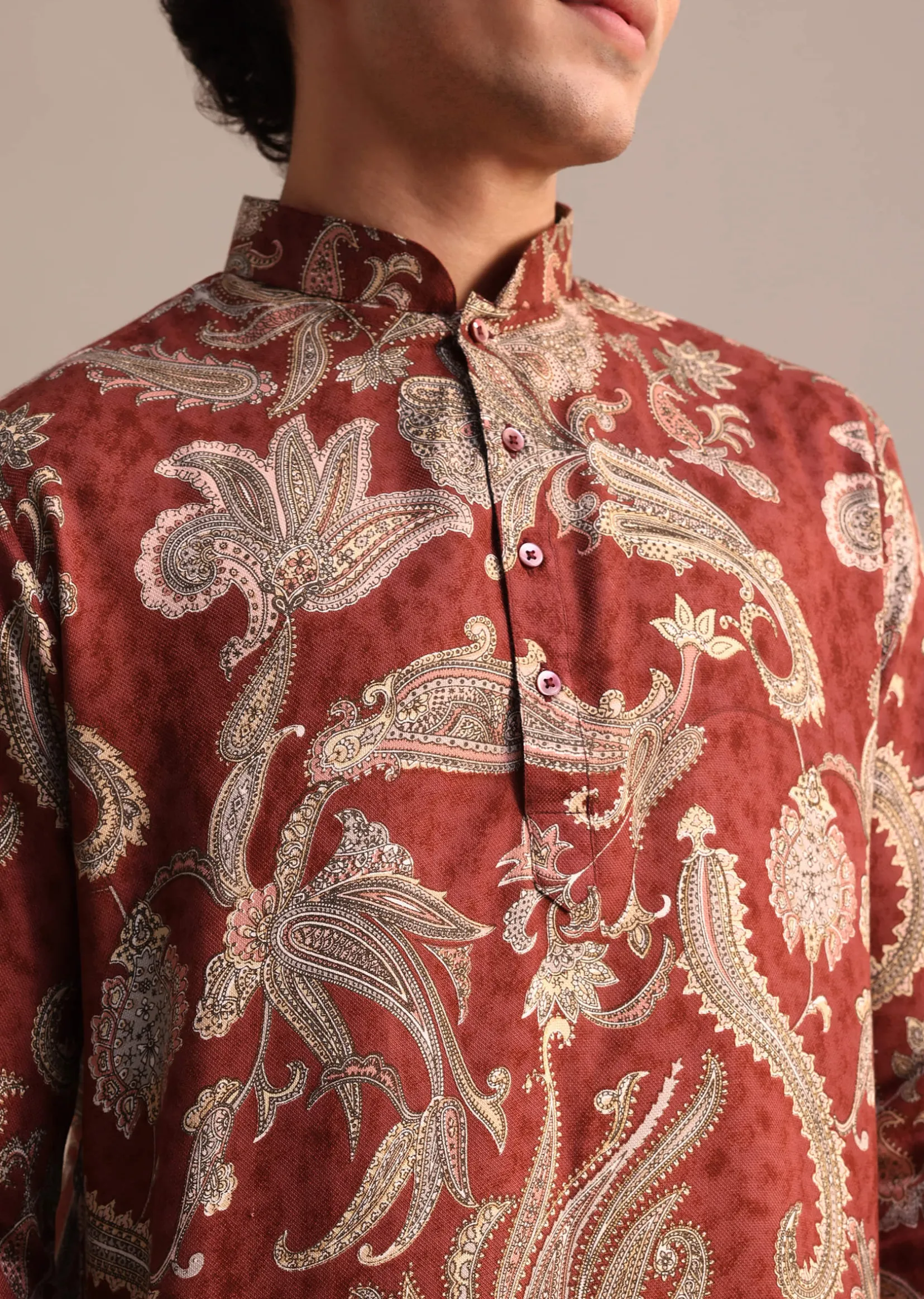 Red Floral Printed Kurta For Men