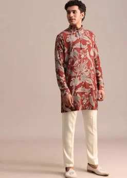 Red Floral Printed Kurta For Men