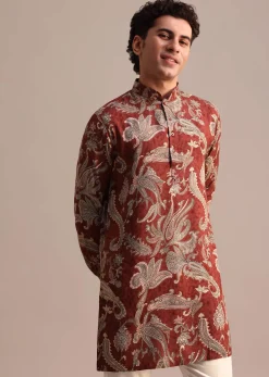 Red Floral Printed Kurta For Men