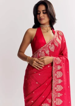 Red Georgette Lurex Saree With Brocade Butti And Gota Patti Border