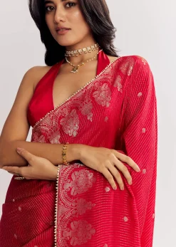 Red Georgette Lurex Saree With Brocade Butti And Gota Patti Border