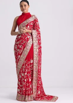Red Georgette Saree with Parsi Gara Work