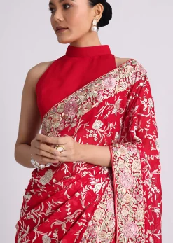 Red Georgette Saree with Parsi Gara Work